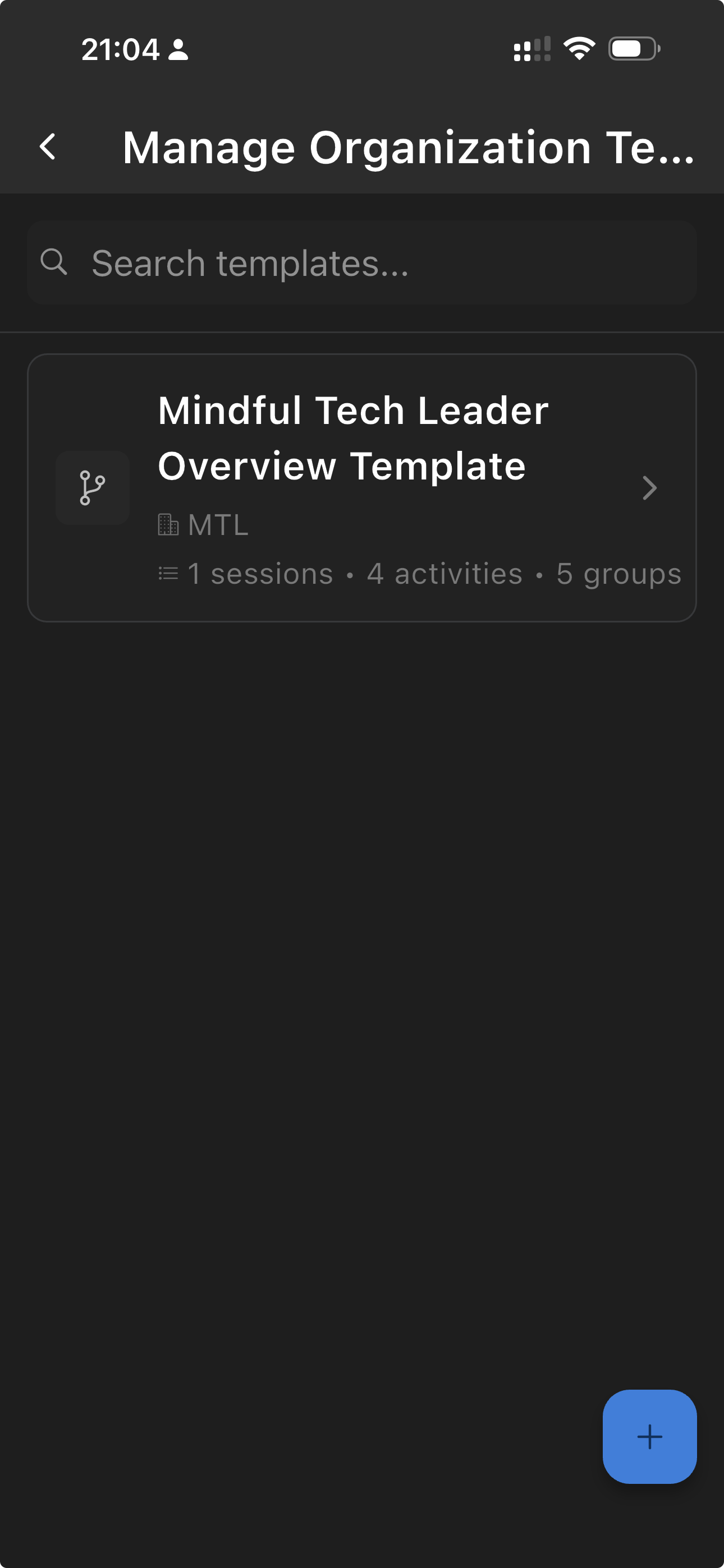 Template list view showing a course template with its session and activity count